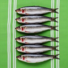 Fototapeta premium A vertical line of fresh sardines on a bright green striped cloth.
