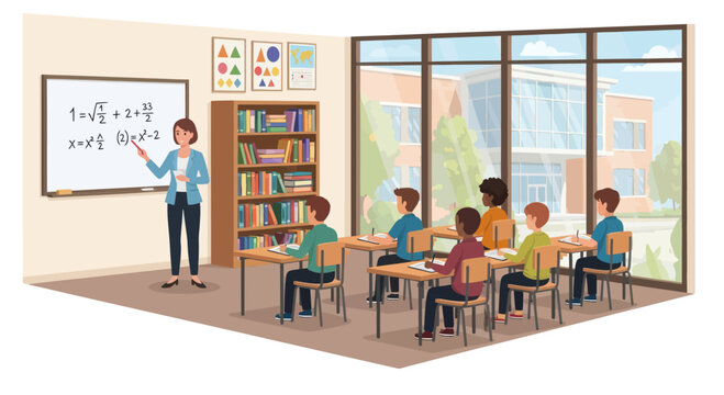 Diverse students learning math in a bright modern classroom with large windows