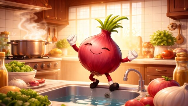 Happy cartoon onion character with arms up, standing on a kitchen sink with water, in a bright warm kitchen interior. Healthy eating graphic.