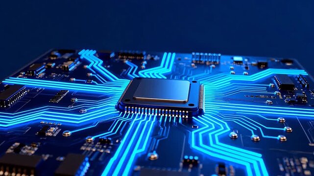 Circuit board with glowing blue lines