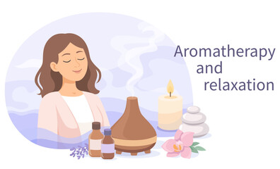 Woman relaxes and practices aromatherapy.