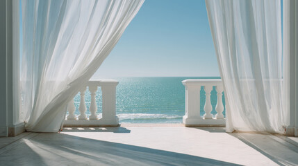 Fototapeta premium Minimal Mediterranean terrace with flowing white linen curtains framing a turquoise sea view, calm summer breeze moving sheer drapes in bright natural sunlight
