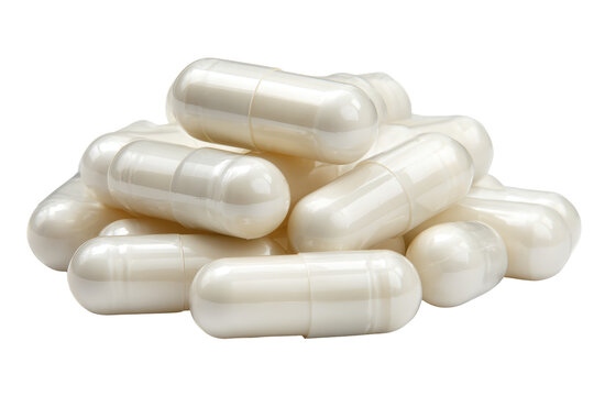 Pile of white pharmaceutical capsules isolated on transparent background. Gelatin capsules pile for wellness isolated on white background.