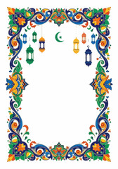 Ornate frame with lanterns and crescent moon symbolizing Islamic culture and celebration in vibrant colors