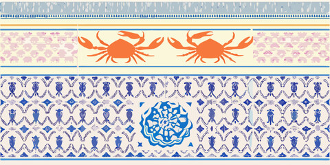 Decorative pattern featuring crabs shells and stylized marine motifs © Rathindranath