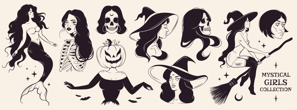 Fantasy sticker set, mystical girls doodle characters. Line art style witch, pumpkin, skull, mermaid. Halloween vintage elements for banner, poster, scrapbooking. 