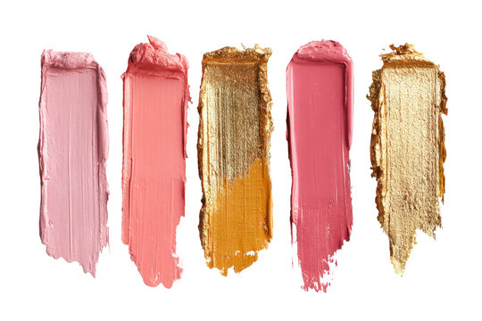Five swatches of lipstick and makeup textures isolated on transparent background. Makeup product swatches pink, coral, and gold colors isolated on white background.