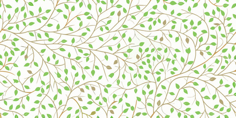 Delicate branches with vibrant green leaves create a seamless pattern © Rathindranath