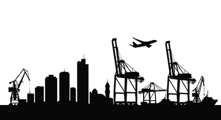 Industrial cityscape with cranes and airplane, a striking silhouette © IMkM00i76