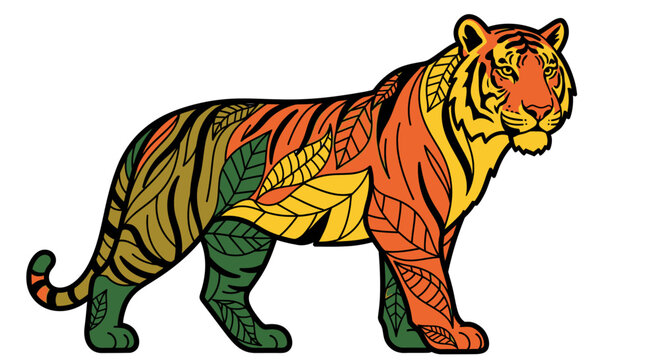 Stylized tiger illustration with colorful tropical leaf pattern on white background