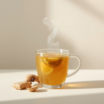 traditional jamu jahe herbal drink in cup with fresh ginger and steam effect