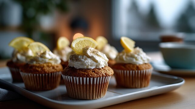 Cupcakes au citron avec cr&egrave;me fouett&eacute;e et tranches de citron frais