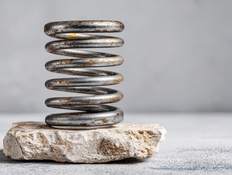 Business metaphor image of a strong metal spring supporting heavy weight without deformation