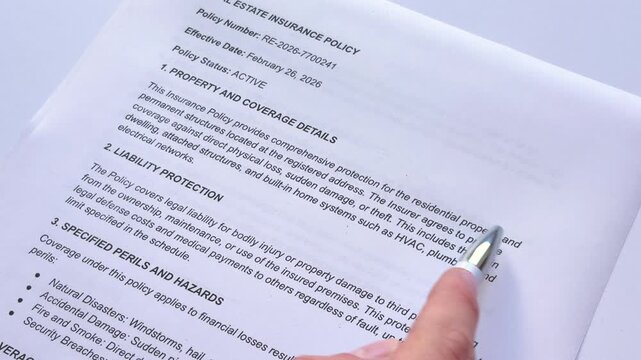 Close up of a pen pointing at lines of a property insurance policy document, concept of reviewing contract details and financial paperwork