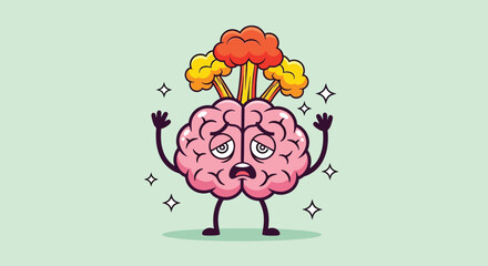 Cartoon Brain Character Overwhelmed and Stressed.