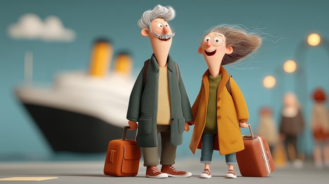 Couple de seniors avec valises devant un paquebot de croisi&egrave;re au port