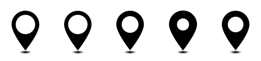 Black Pin Point Location and GPS Symbol icon variations with solid style for navigation and mapping on transparent background.