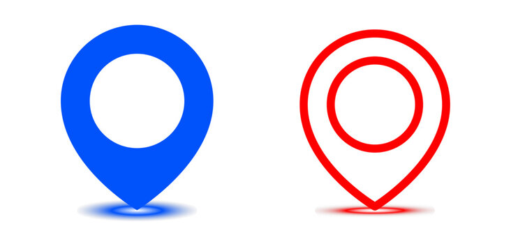 Blue and red Pin Point Location and GPS Symbol icons with solid and outline styles for navigation and mapping on transparent background.