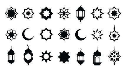 Obraz premium Ramadan kareem islamic symbols and icons set black silhouettes of stars moons lanterns on white background for holy month decorations and greeting cards