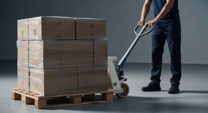 Warehouse worker efficiently moving stacked cardboard boxes on a wooden pallet using a manual pallet jack in a modern storage facility.