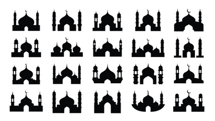 Obraz premium Black silhouettes of various mosque architecture styles and designs on white background