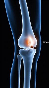 Semi-transparent CGI Anatomy of a Human Knee Joint with Early Arthritis Inflammation in Dark Medical Background with Glowing Effects