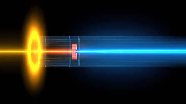 Abstract visualization of a charged particle beam channeling through an energy accelerator.