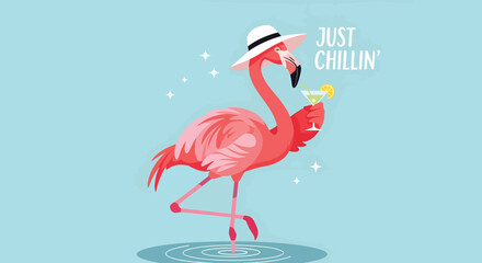 Pink Flamingo Wearing Hat and Drinking Cocktail. © NFS Studio