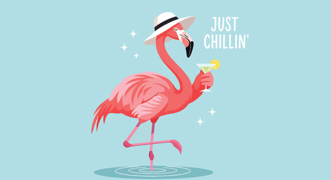 Pink Flamingo Wearing Hat and Holding Drink on Blue Background.