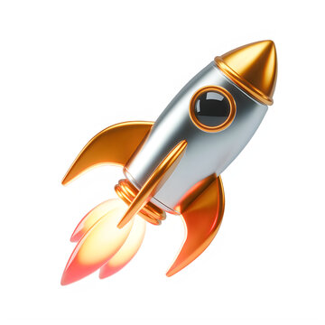 Silver and gold rocket launching with flames isolated on a transparent background