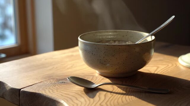 Ceramic bowl with spoon on wooden table. Minimal calm morning routine emphasizing quiet personal space.