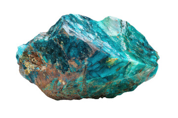 Rough blue green gemstone with red inclusions isolated on transparent background. Vibrant blue green raw mineral rock texture isolated on white background.