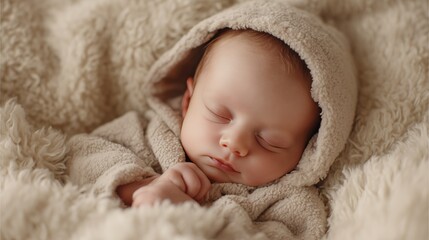 Newborn baby sleeping peacefully wrapped in a soft beige hooded blanket, perfect for mindfulness wellness and family growth themes, evoking calm and gentle care in cozy home settings.