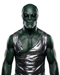 Powerful male extraterrestrial warrior with green textured skin and black eyes wearing a torn silver metallic tank top, sci-fi character concept