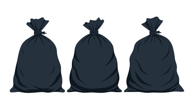 Illustration of three full black plastic trash bags tied at the top and sitting in a row against a plain white background.