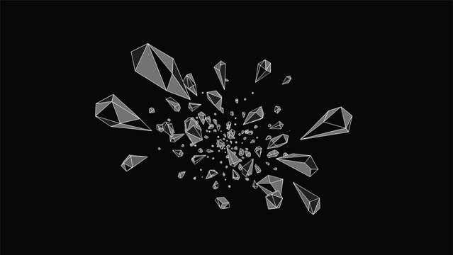 Abstract explosion of grey geometric crystals and low poly shapes flying through dark space creating dynamic movement and depth.