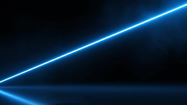 Glowing blue neon diagonal line. Cool electric blue neon diagonal line illuminating gradually across black background with faint mist for futuristic title scene