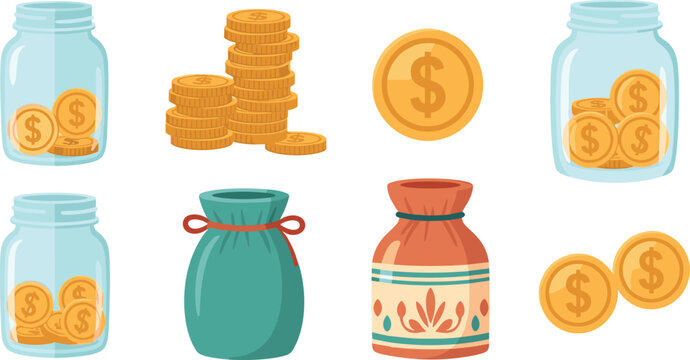 Gold Coin Savings Set with Glass Money Jars, Stacks of Dollar Coins, and Decorative Fabric Pouches for Financial Growth Vector.