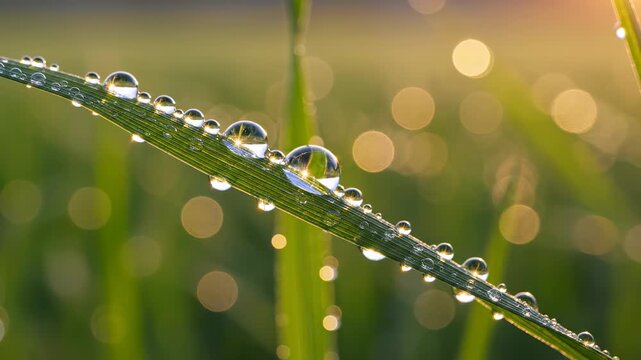 Row of dew droplets on a single slender grass blade. Extreme macro of fresh water droplets aligned along a thin grass blade at dawn, offering refined organic texture for eco