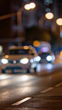 Vertical video: Approaching car driving toward lens at night on wet street, heading down road