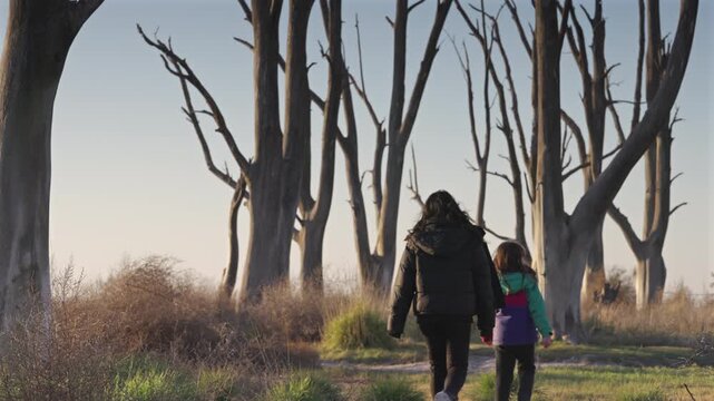Happy mother and child strolling in woodland during golden hour, Joyful family moment