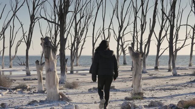 Woman walking across barren winter landscape with leafless trees