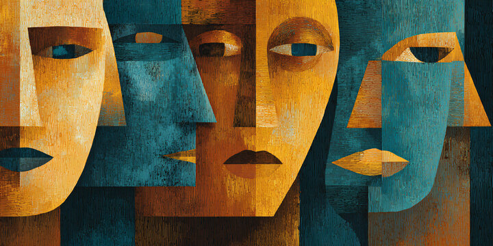 Abstract geometric faces in warm and cool tones, representing multiplicity of identity and artistic expression