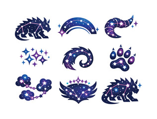 Two-Color vector icons of a constellation shaped like a forgotten beast: star beast outline, celestial arc, dotted spine, cosmic