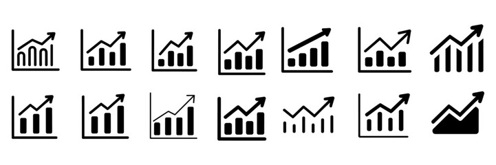 Growth icon set. Containing arrow up, growing graph, business chart icons. Vector illustration.