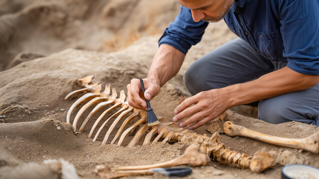 Archaeologist works on ancient bones at a dig site in a desert area, focusing on ribcage details while using a brush for cleaning in the morning light