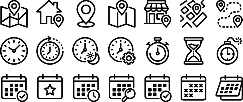 Scheduling and Navigation UI Icons Clocks Maps and Calendars Line Art Set