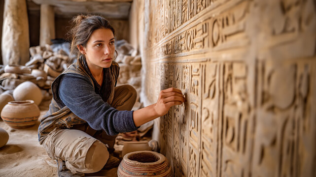 During the daylight hours, an archaeologist diligently examines ancient carvings found at a significant historical site