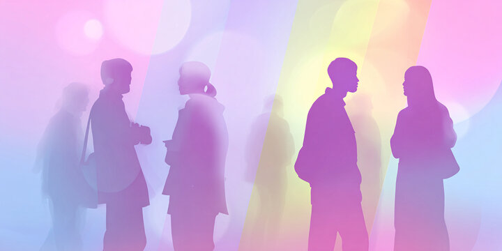 Diverse group of adult silhouettes in soft pastel gradient, interacting in a modern, abstract setting Concept of community, connection, and abstract business