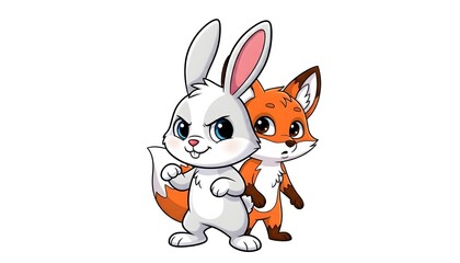 Naklejka premium Cartoon rabbit and fox characters, illustration
